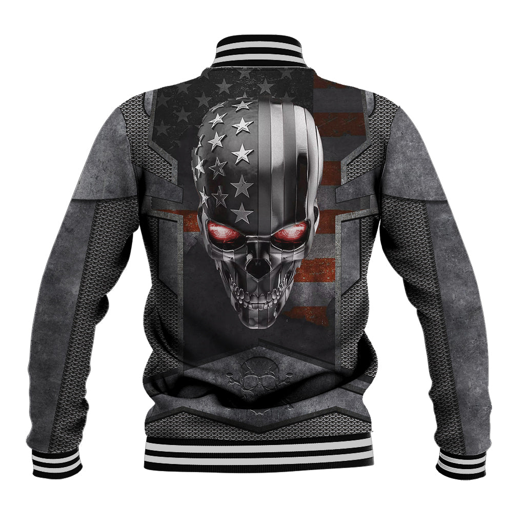 Unisex black baseball jacket with ribbed collar, striped cuffs, and skull graphic on back