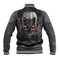 Unisex black baseball jacket with ribbed collar, striped cuffs, and skull graphic on back