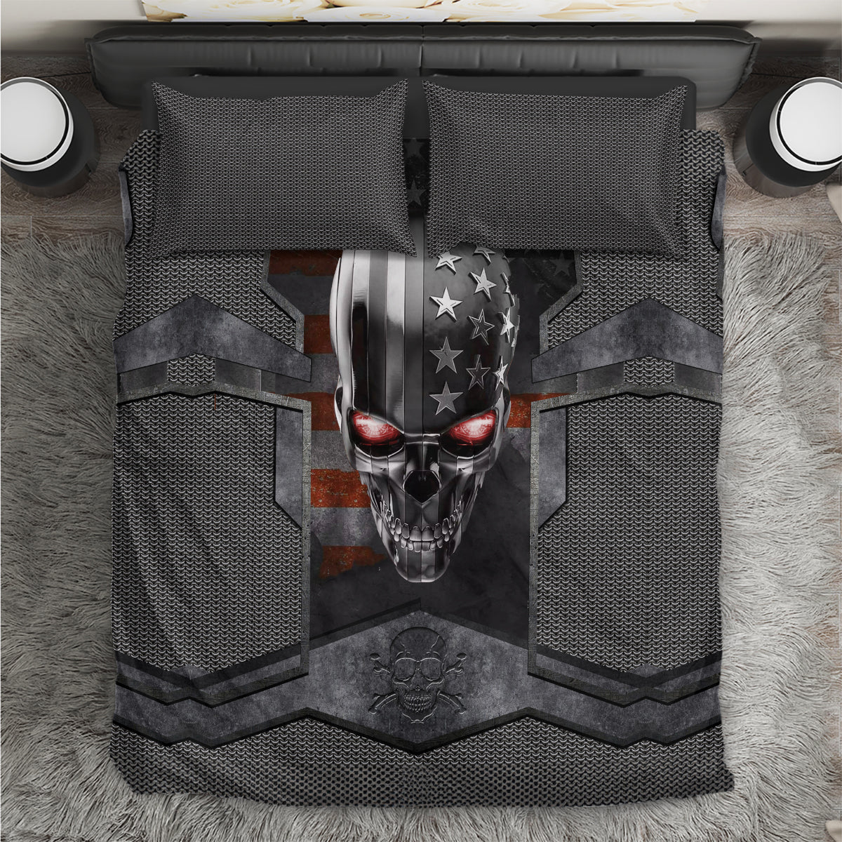 Black skull bedding set with metal skull print, two gray textured pillows, star banner