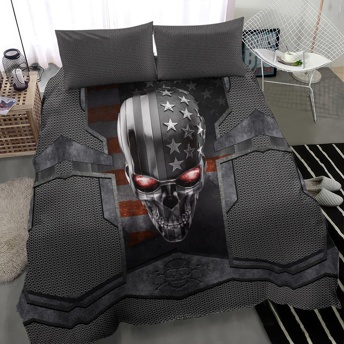 Gray textured bedding set with metal skull artwork and star panel, two matching pillows