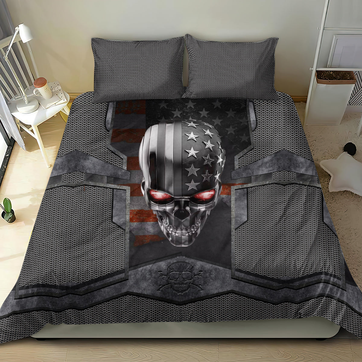 Gray skull bedding set with metal skull and stars design, two dark textured pillows
