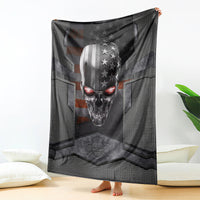 Black skull themed blanket with metal head and star flag graphic, corner tassel trim