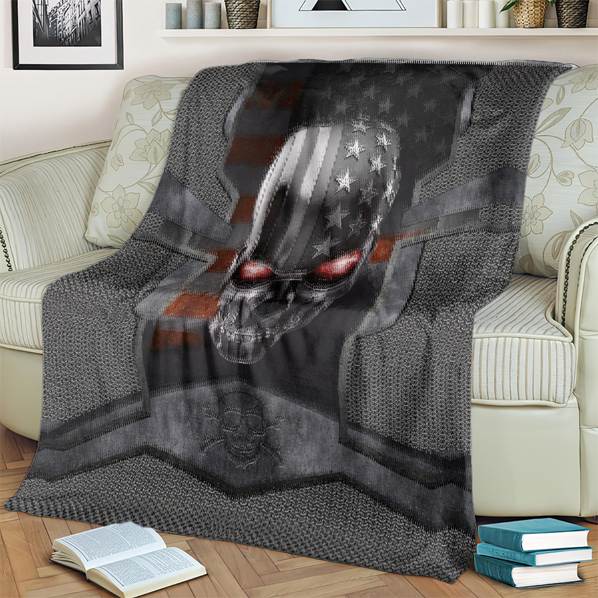 Black skull themed blanket over chair, metal skull face with stars in shield panel