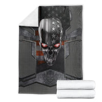 Black skull themed blanket laid flat, metal skull face with star-spangled shield graphic