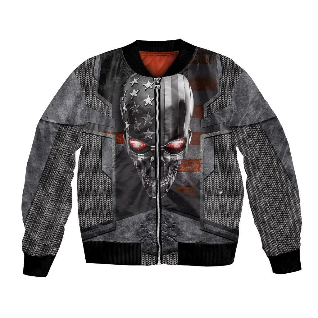 Unisex black bomber jacket with front zip, mesh-texture panels, skull graphic on chest