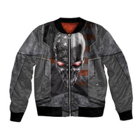 Unisex black bomber jacket with front zip, mesh-texture panels, skull graphic on chest