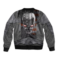 Unisex black bomber jacket with ribbed collar and cuffs, large skull-and-stars front print