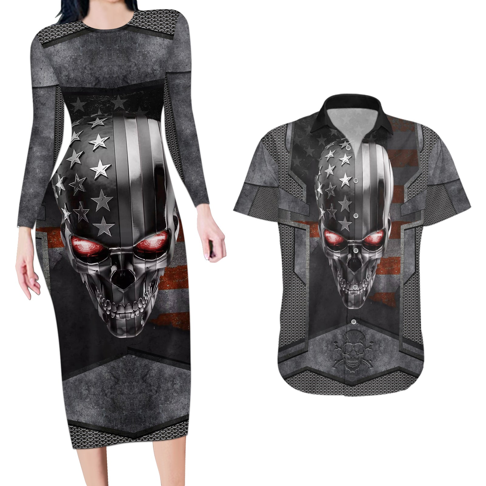 Skull Couples Matching Long Sleeve Bodycon Dress and Hawaiian Shirt Metal Head Skull American - Wonder Print Shop