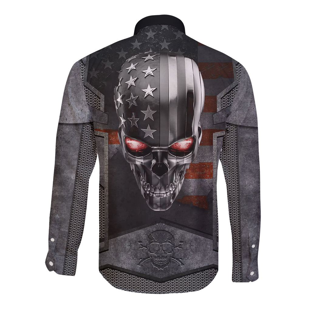 Black long-sleeve button shirt, full front skull print with stars and red eyes