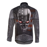 Black long-sleeve button shirt, full front skull print with stars and red eyes