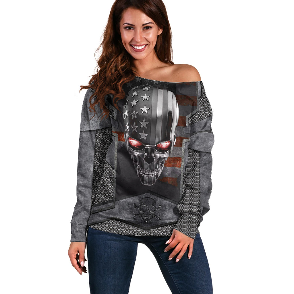 Skull Off Shoulder Sweater Metal Head Skull American - Wonder Print Shop