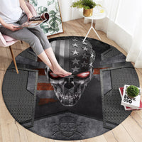 Skull-themed round rug with starry skull face and stripe accents in black/gray.