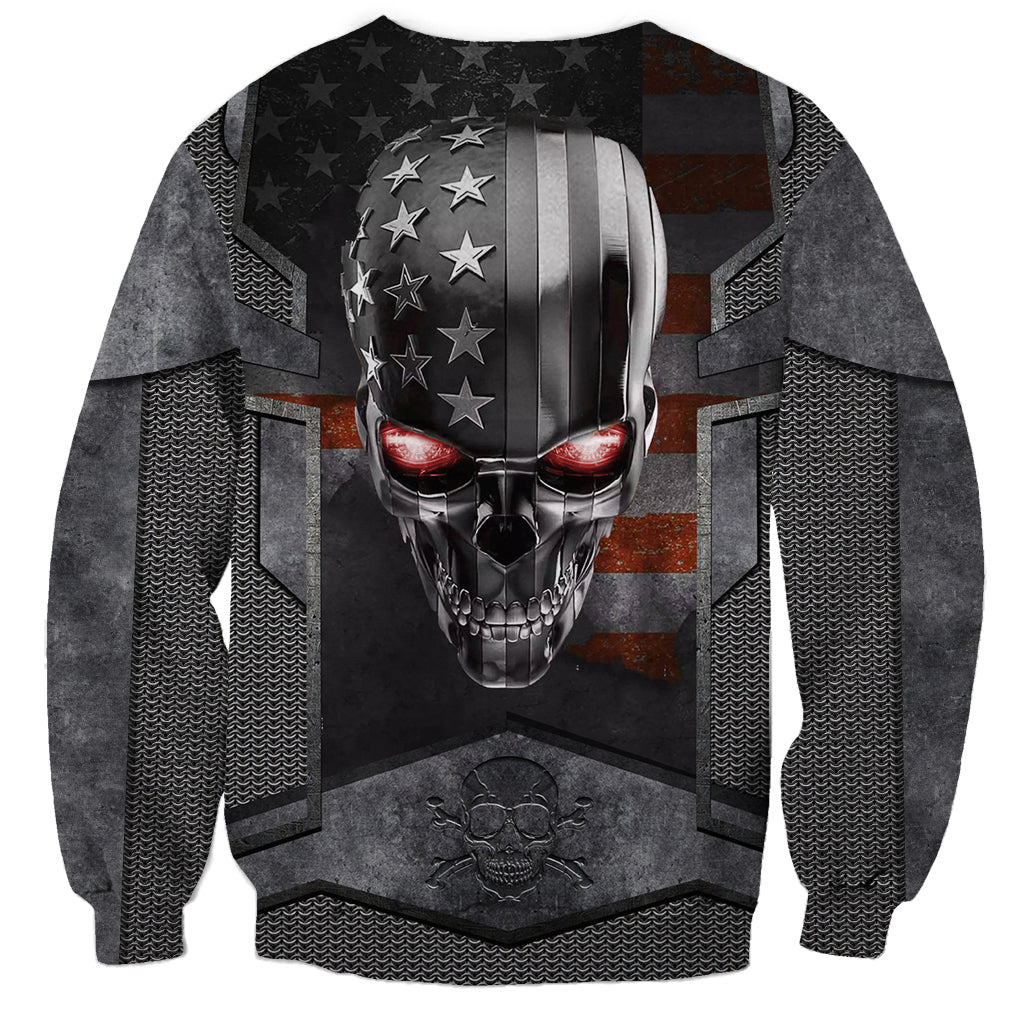 Unisex black crewneck sweatshirt featuring large metallic skull face with red eye accents