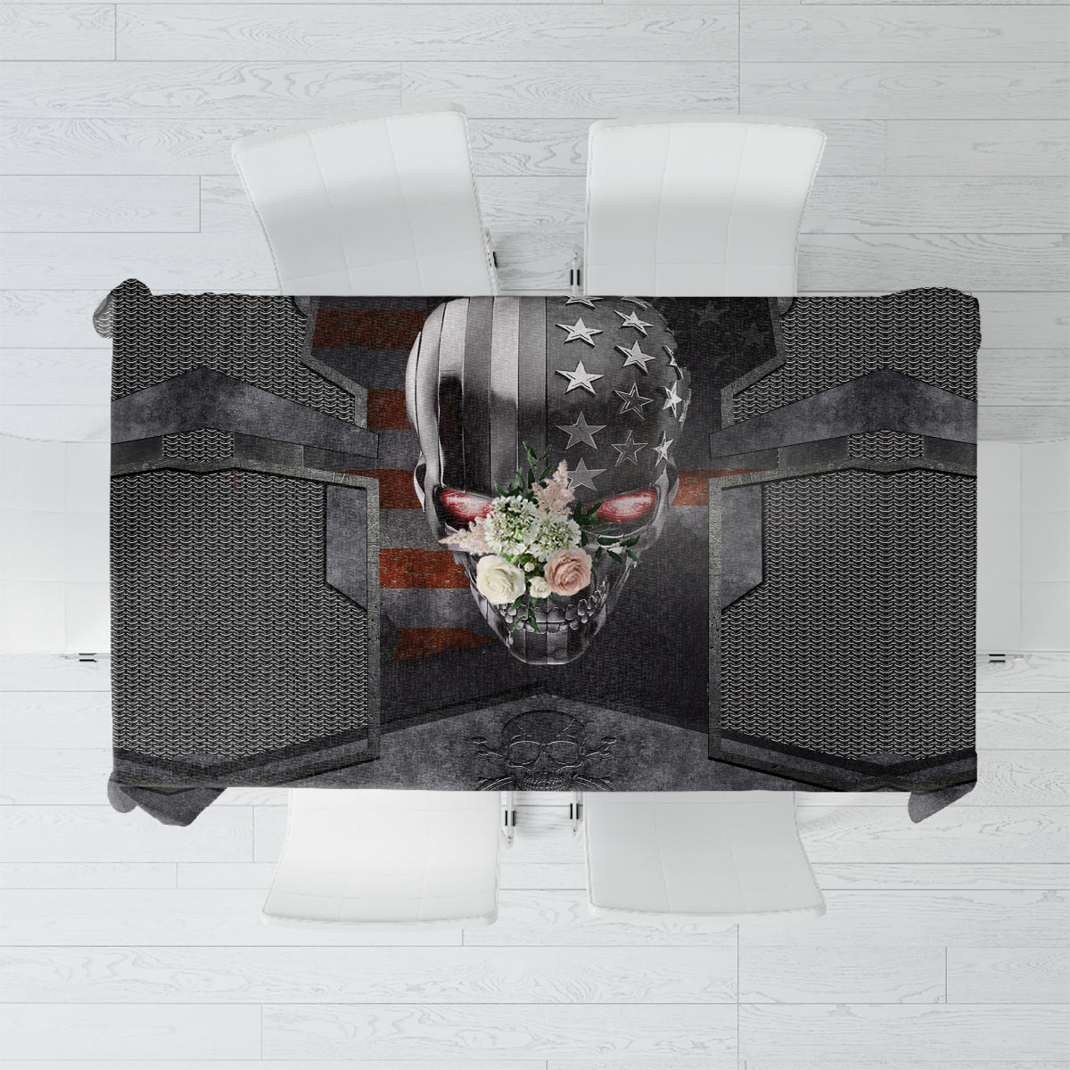 Black tablecloth with metallic skull head print and chevron textured panels