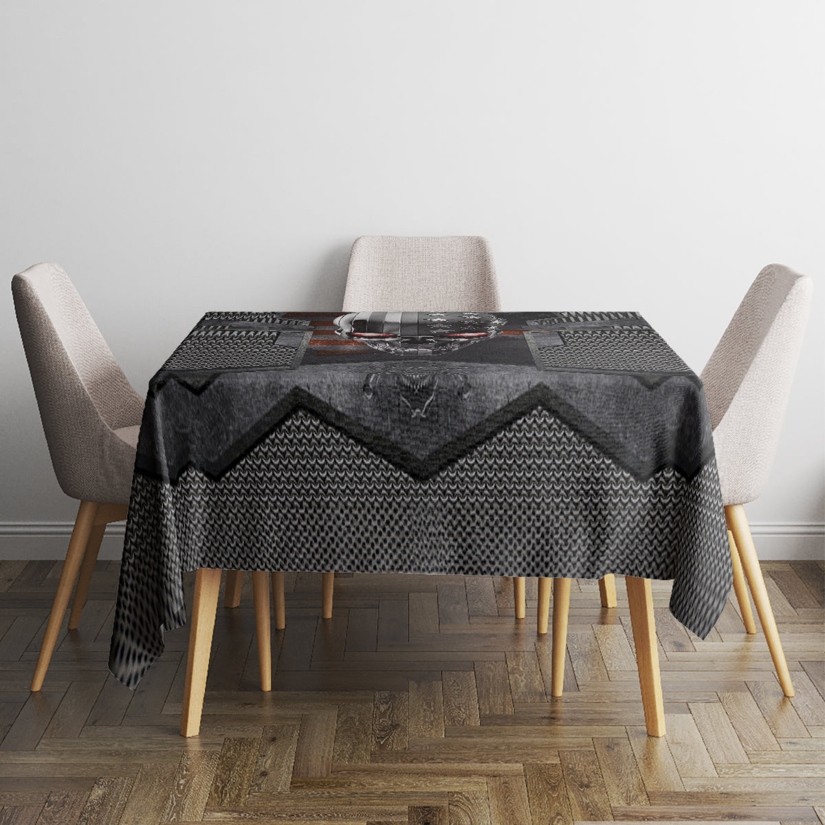Black skull tablecloth with zigzag texture and metallic head design on dining table