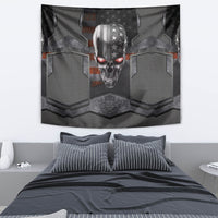 Black skull metal-head tapestry hanging on wall, star helmet center and gray hex panel design