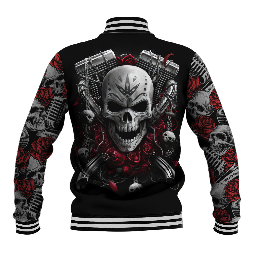 Black baseball jacket, back shows skull with motorcycles, red rose details, striped rib trim