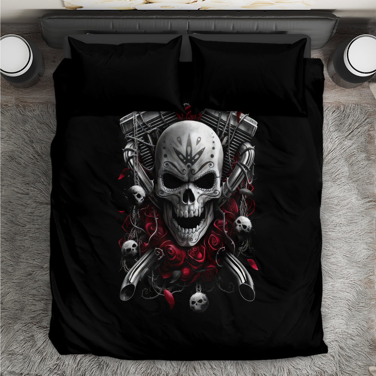 Black bedding set with skull biker graphic, includes duvet and two matching pillowcases