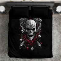 Black bedding set with skull biker graphic, includes duvet and two matching pillowcases