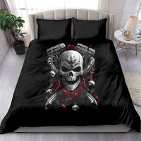 Black duvet and pillowcases featuring a motorcycle skull with red rose accents