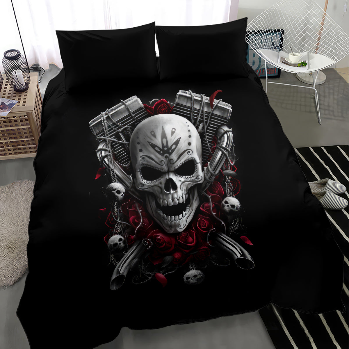 Black bedding duvet with large skull helmet and red rose biker artwork