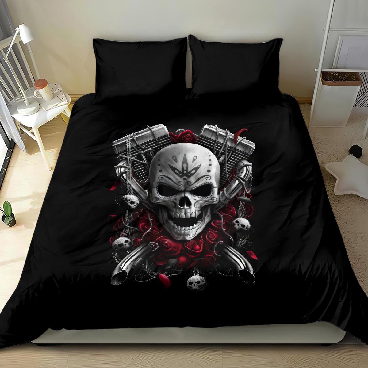 Black bedding set with skull biker motif on duvet and two coordinating pillowcases