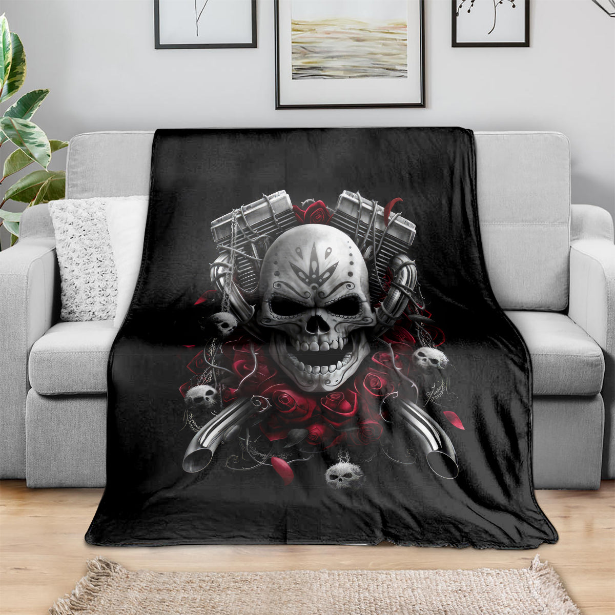 Black skull riding biker girl throw blanket with large skull graphic and red details