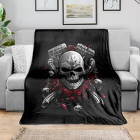 Black skull riding biker girl throw blanket with large skull graphic and red details
