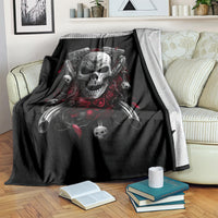 Black skull riding biker girl blanket with central skull, metallic cylinders, and red rose accents