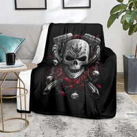 Black skull riding biker girl blanket with metal cylinders, small skulls, and red rose accents