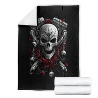 Black skull riding biker girl blanket with large gray skull face and red flame rose design
