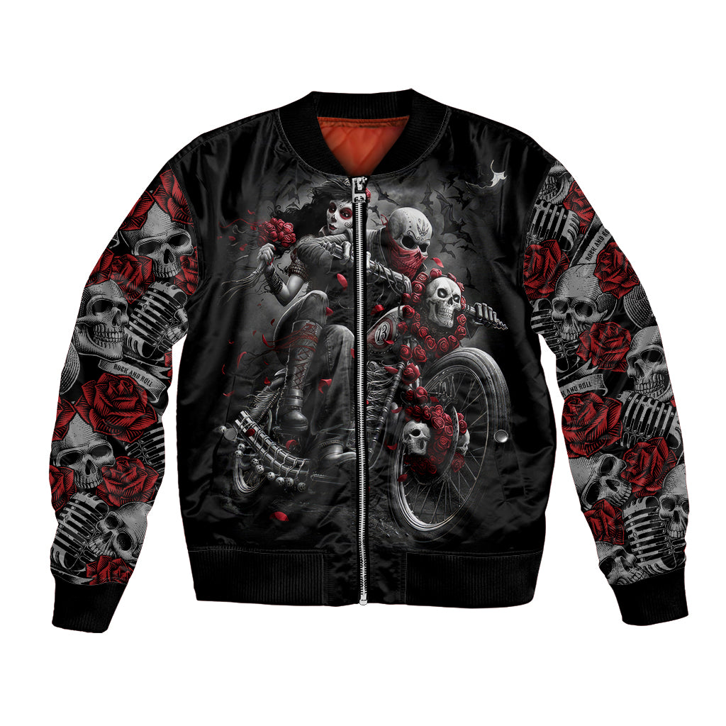 Black skull graphic bomber jacket with front zip and ribbed cuffs