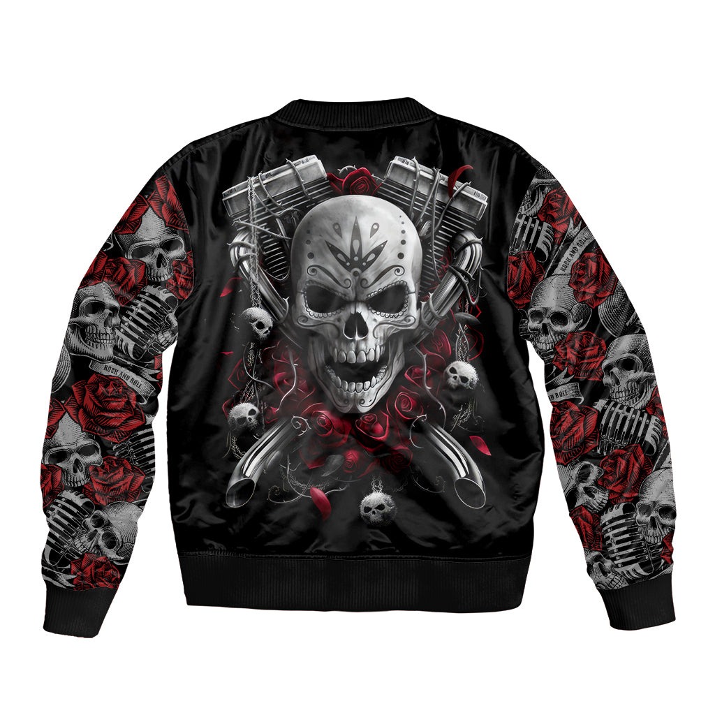 Black bomber jacket with large skull and roses back print, ribbed hem