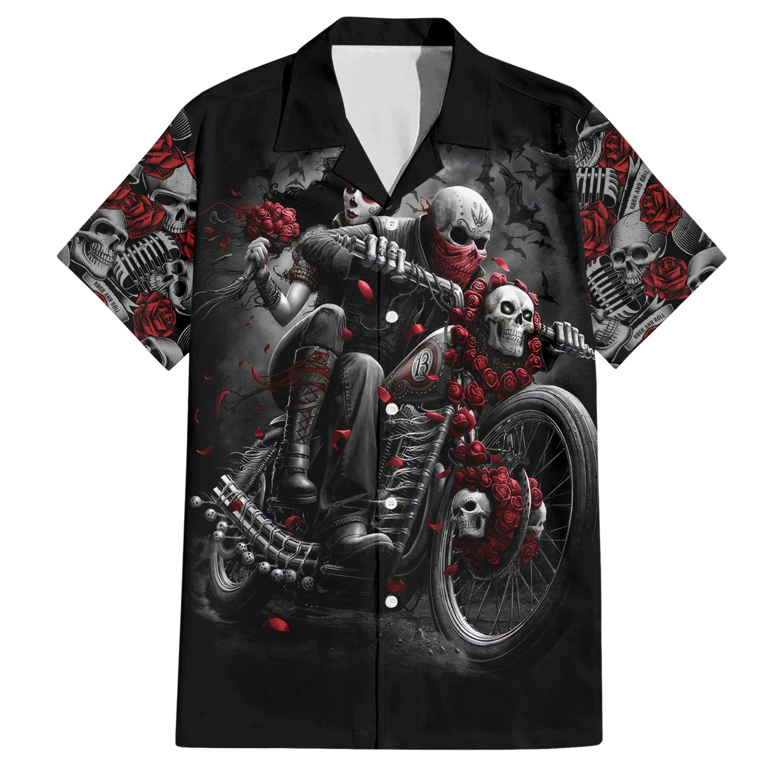 Skull Hawaiian Shirt Riding Motocycle Girl Rose - Wonder Print Shop