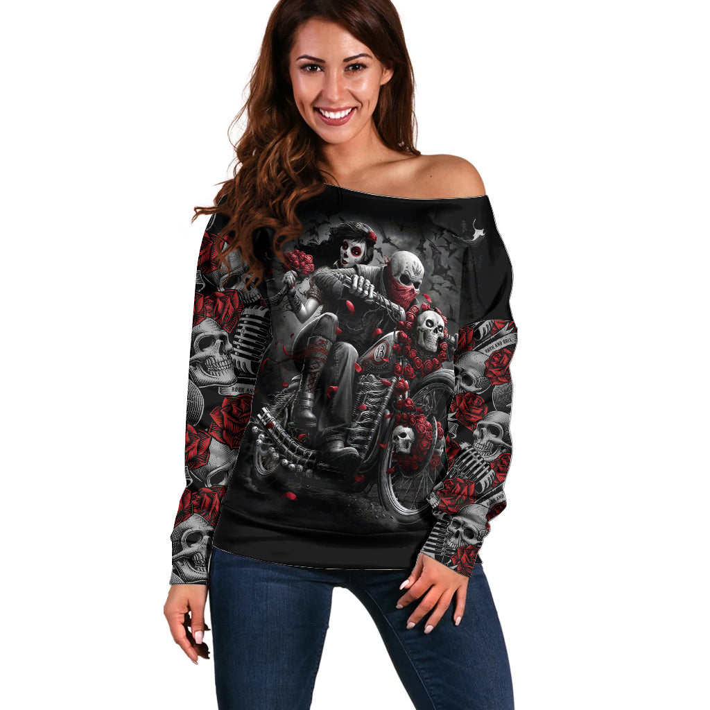 Skull Off Shoulder Sweater Riding Motocycle Girl Rose - Wonder Print Shop