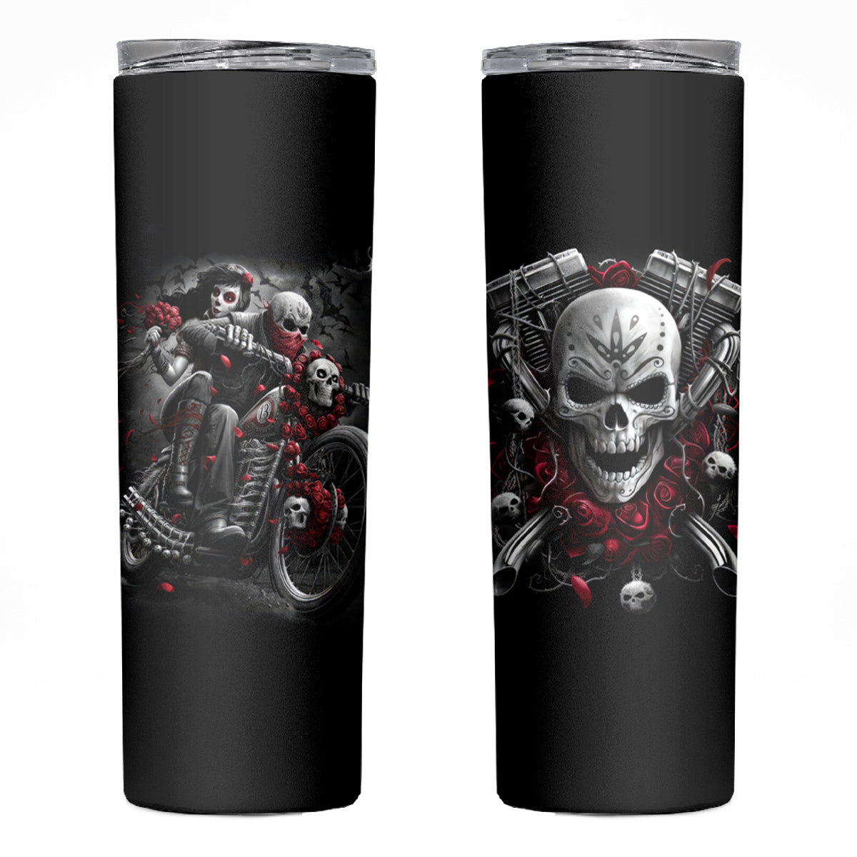 Skull Skinny Tumbler Riding Motocycle Girl Rose