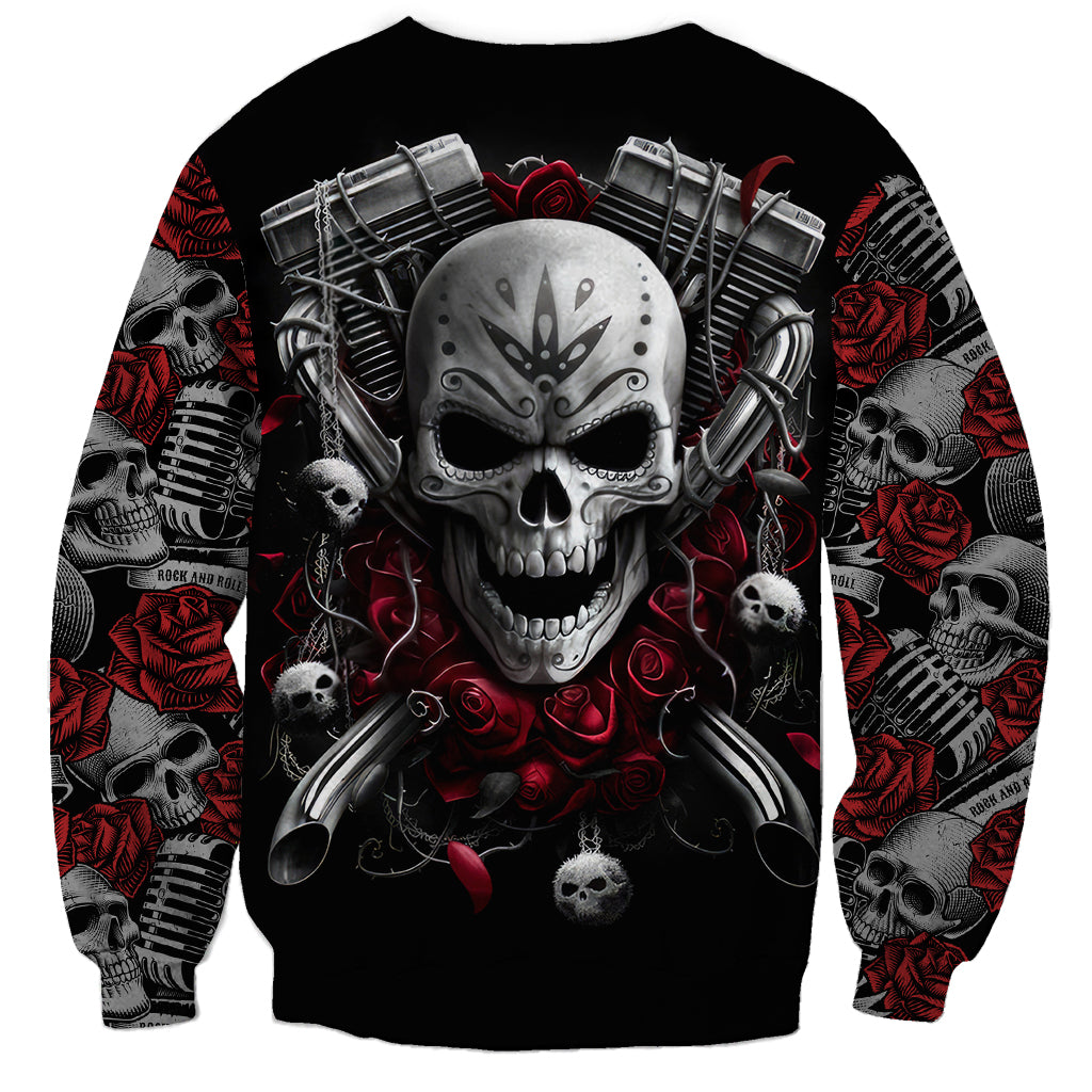 Black crewneck sweatshirt with large skull face, metal gear, and rose graphic