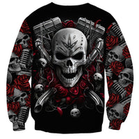 Black crewneck sweatshirt with large skull face, metal gear, and rose graphic