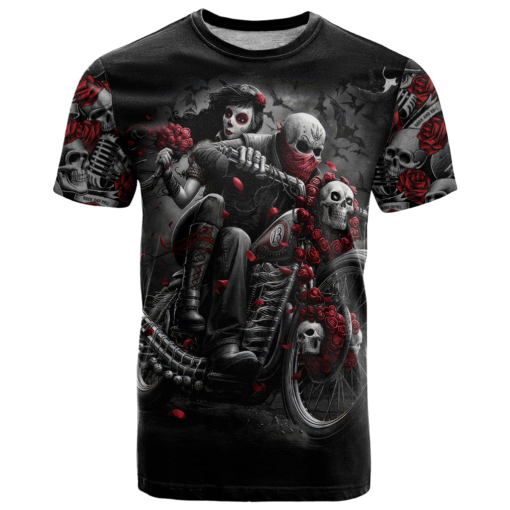 Skull T Shirt Riding Motocycle Girl Rose DT01