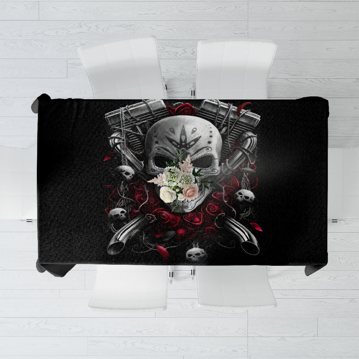 Black skull biker tablecloth with central graphic, roses and flowers