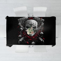 Black skull biker tablecloth with central graphic, roses and flowers