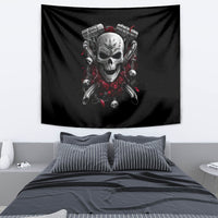 Black skull tapestry with centered gray skull, red accents, and engine-like motifs
