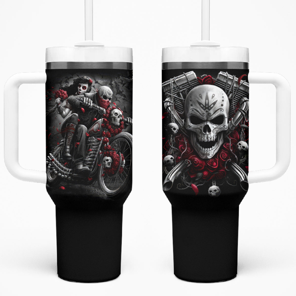 Skull Tumbler With Handle Riding Motocycle Girl Rose