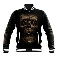 Black baseball jacket with striped ribbed collar and gold mummy skull front graphic