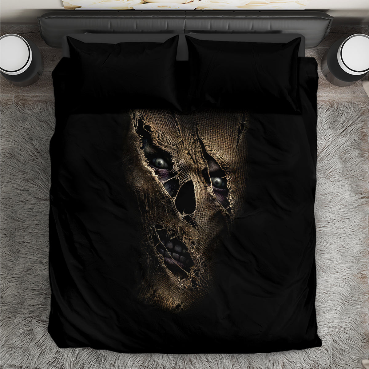 Black bedding set with mummy face skull graphic on duvet and two matching pillows