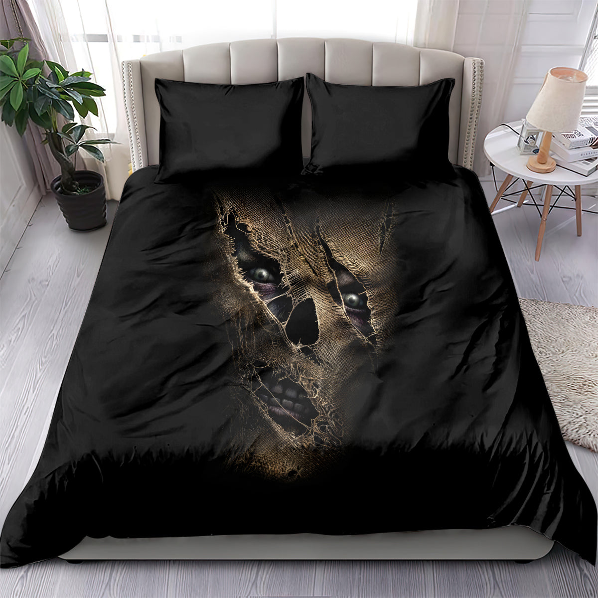 Black duvet cover set with mummy face skull print and two matching pillowcases