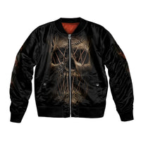 Black bomber jacket with zip front, ribbed cuffs, and gold mummy face graphic