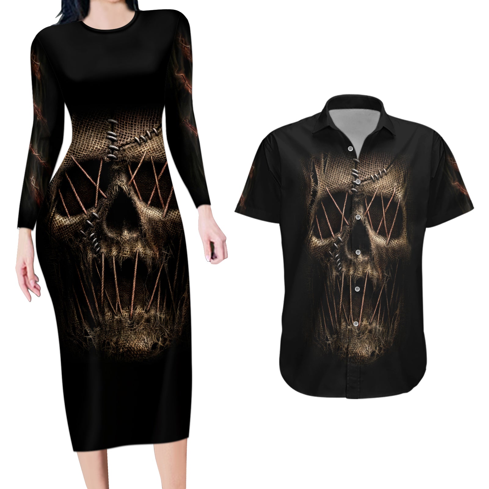 Skull Couples Matching Long Sleeve Bodycon Dress and Hawaiian Shirt Mummy Face Inside - Wonder Print Shop