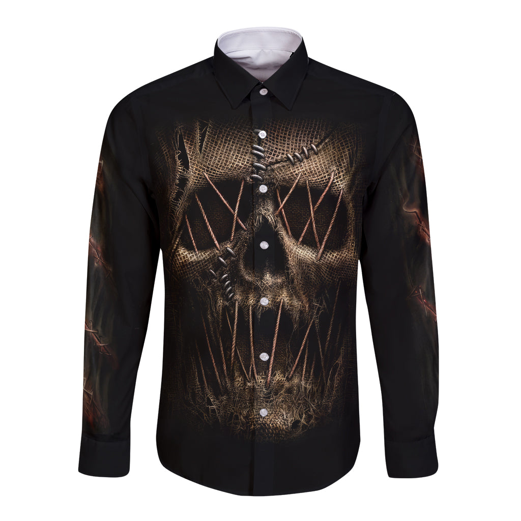 Black long-sleeve button shirt with front mummy-face skull graphic