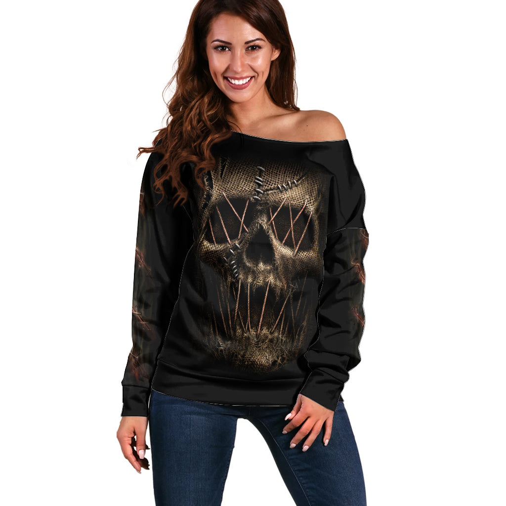 Skull Off Shoulder Sweater Mummy Face Inside - Wonder Print Shop